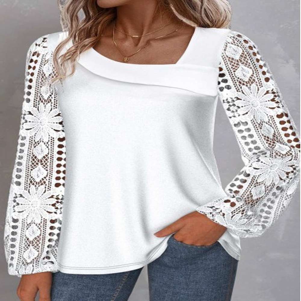 modlily white lace long sleeve asymmetrical neck blouse l