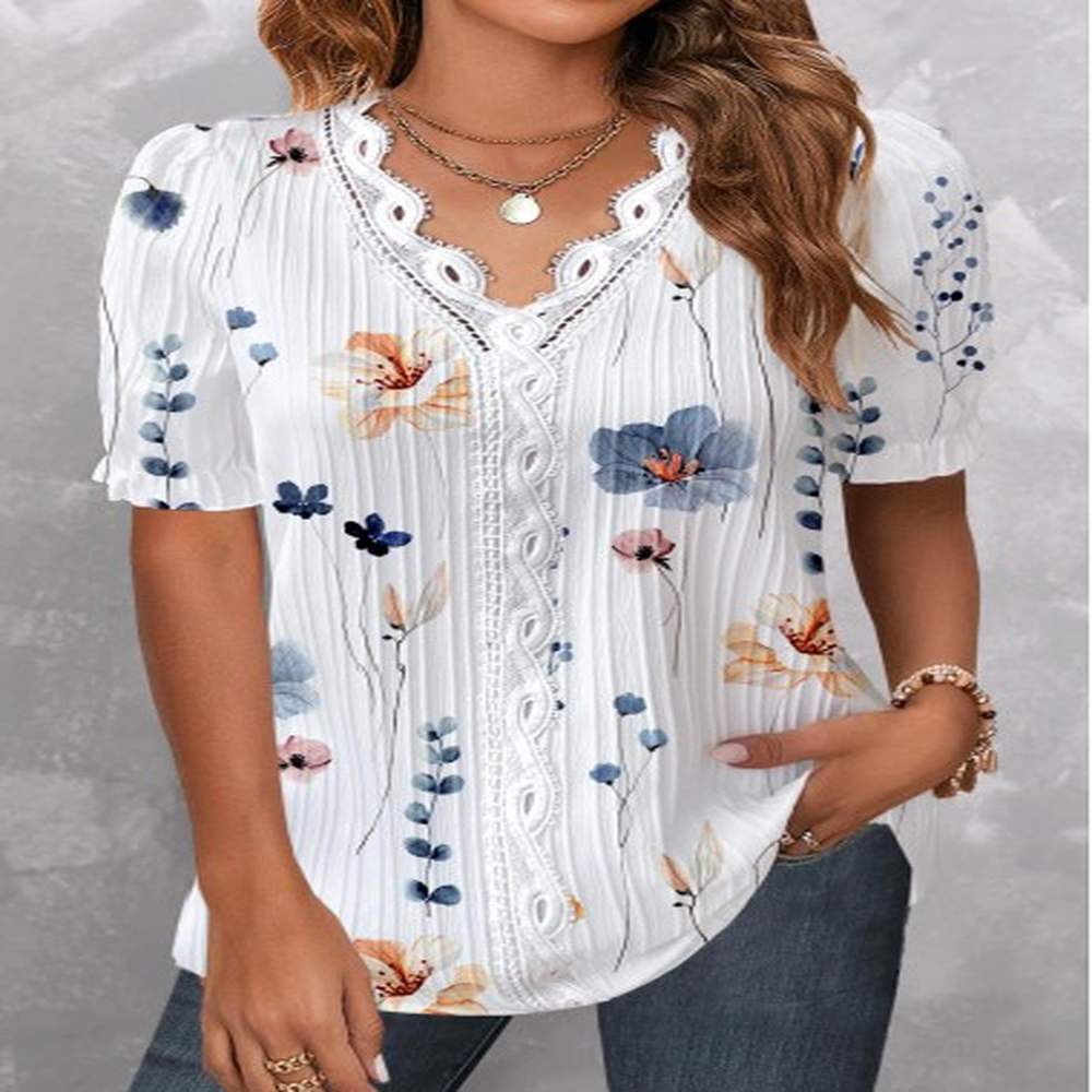 modlily white lace plus size floral print short sleeve blouse