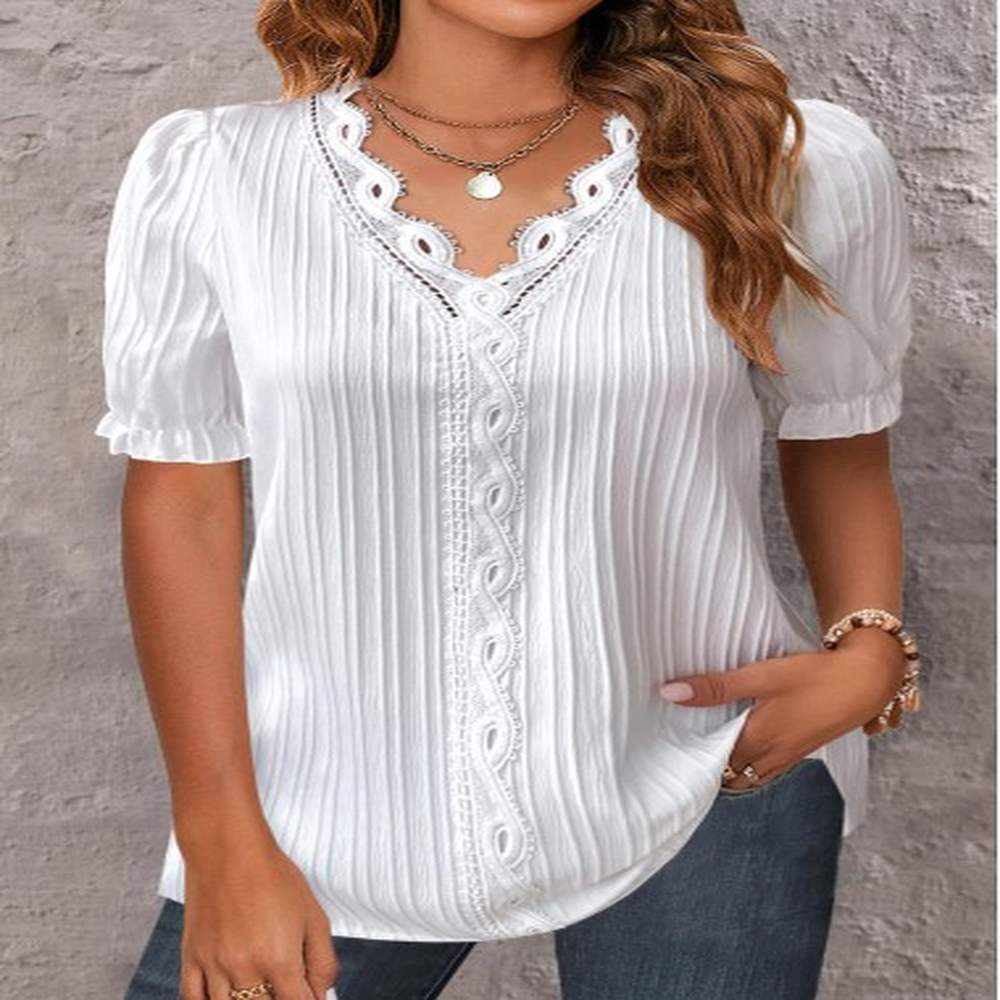 modlily white lace short sleeve v neck blouse s