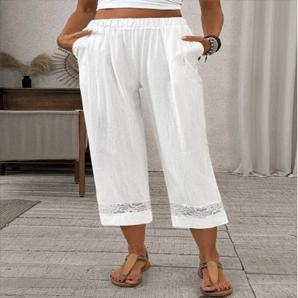 modlily white lace straight leg elastic waist high waisted pants