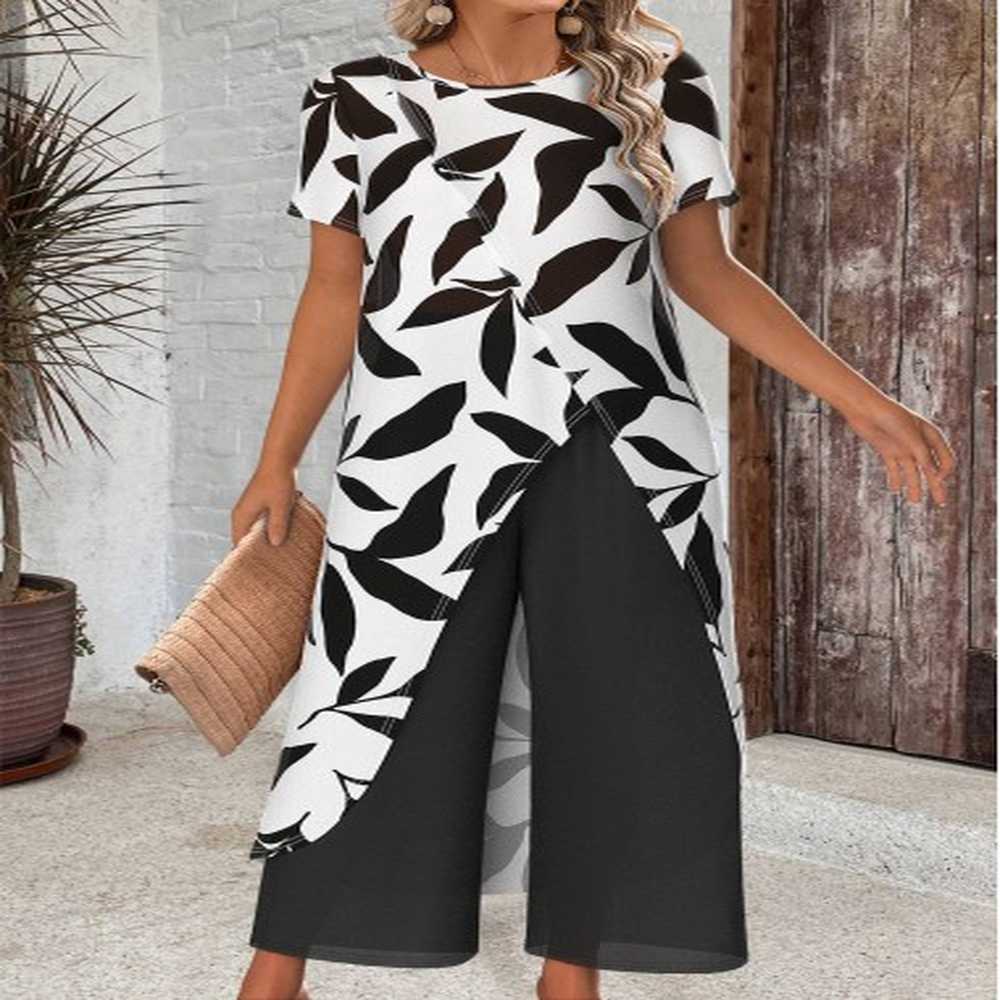 modlily white leaf print ankle length short sleeve top
