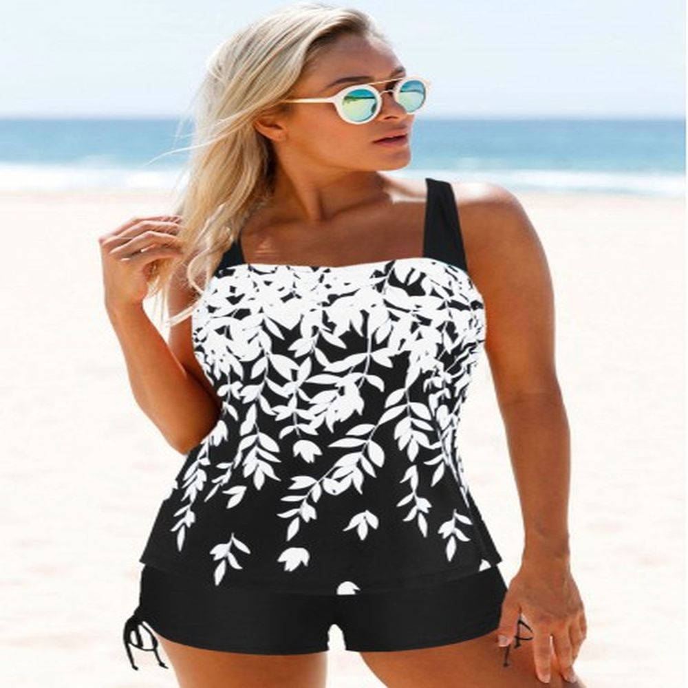 modlily white leaf print tankini swimsuit with swim shorts printed