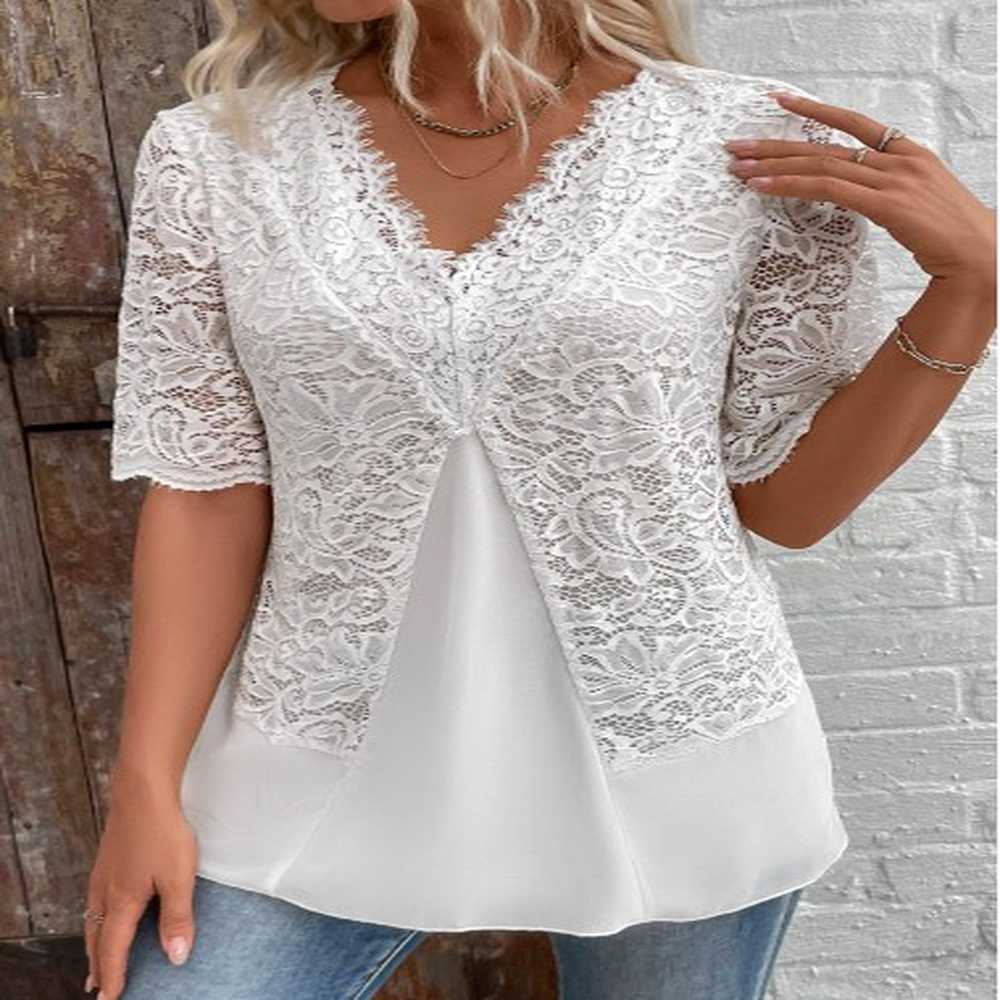 modlily white patchwork half sleeve v neck blouse s