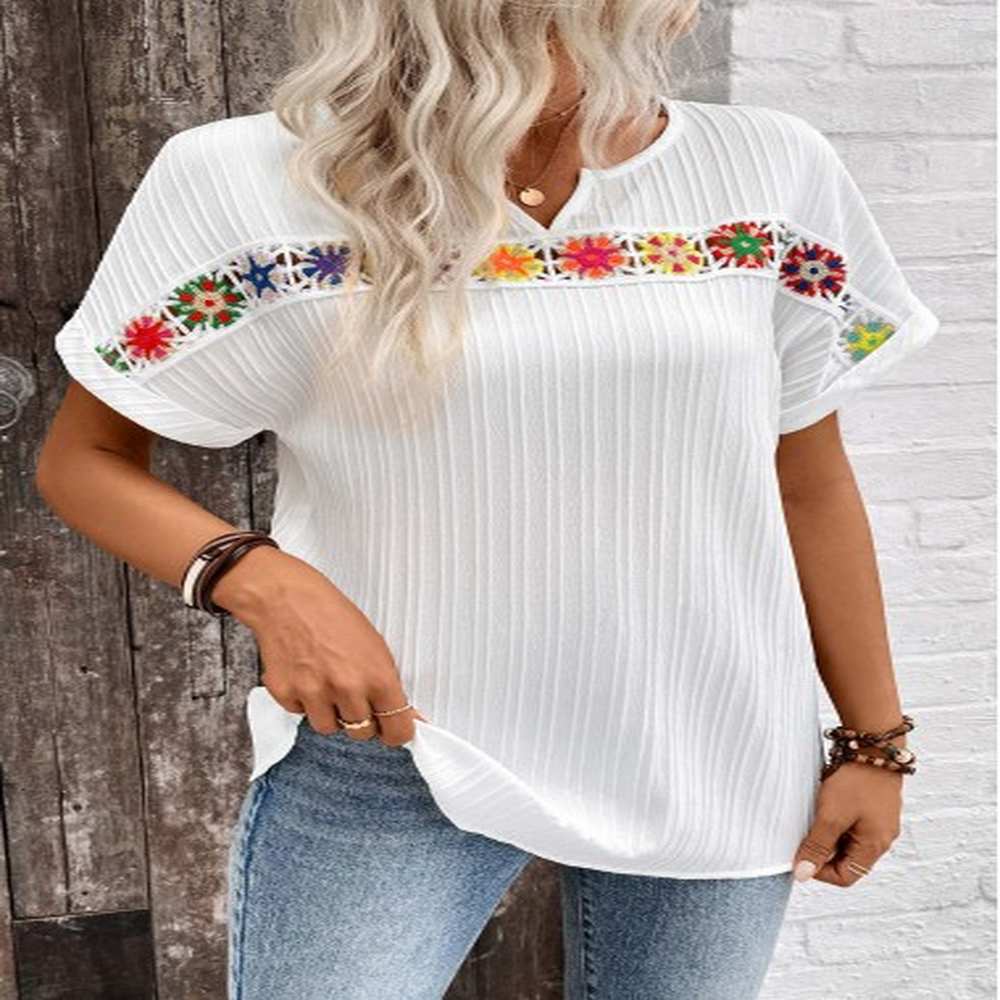 modlily white patchwork short sleeve split neck blouse l