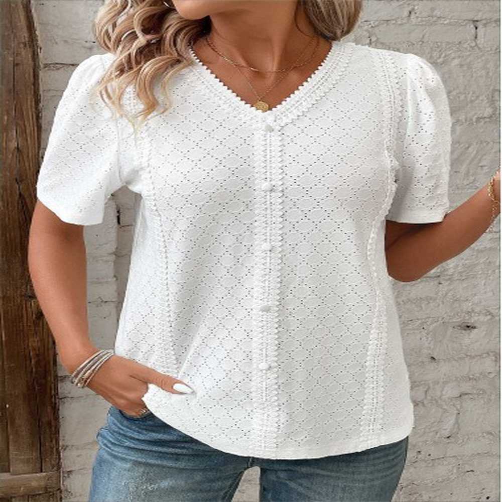 modlily white patchwork short sleeve v neck blouse s