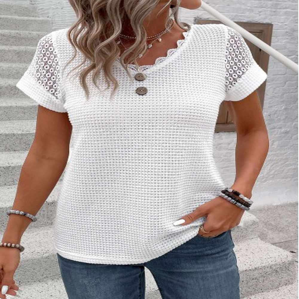 modlily white patchwork short sleeve v neck t shirt