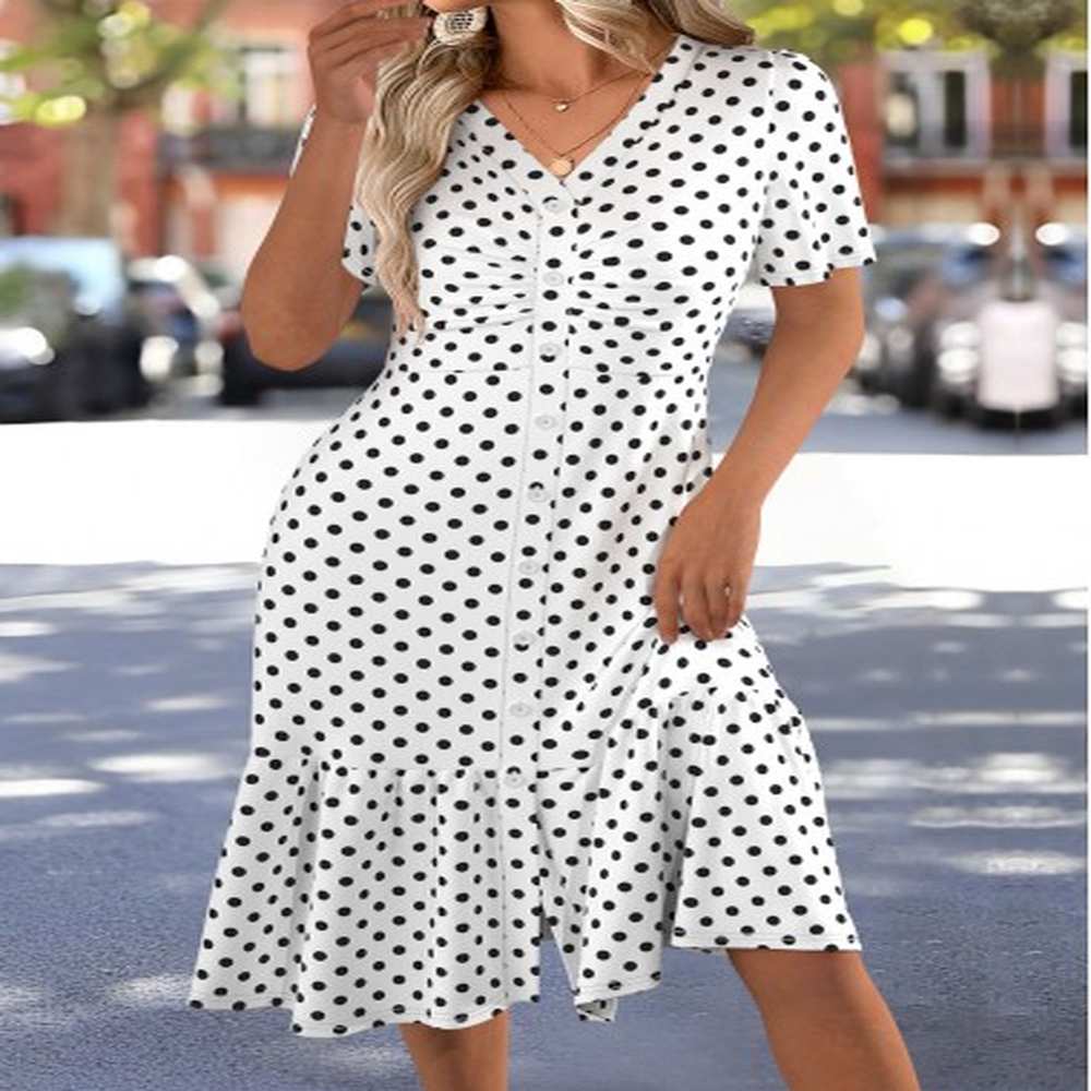 modlily white polka dot short sleeve v neck dress