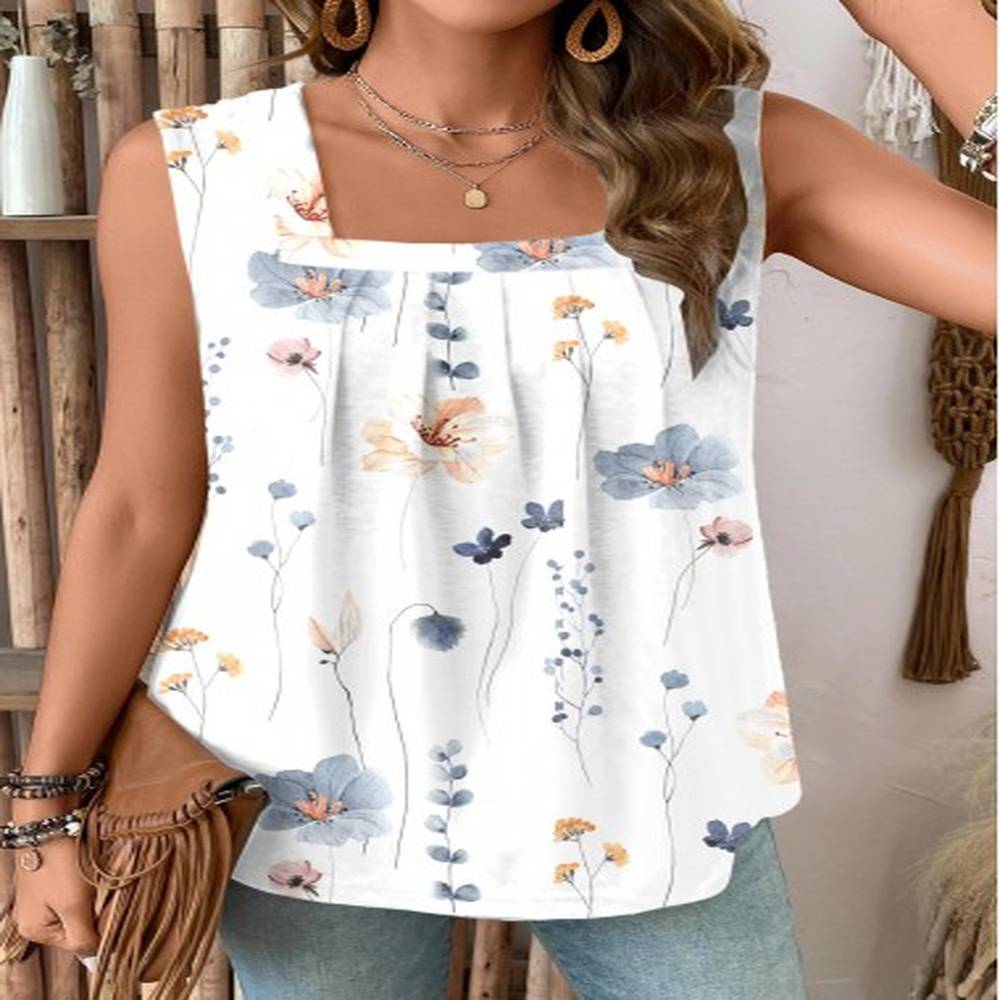 modlily white ruched floral print sleeveless square neck tank top