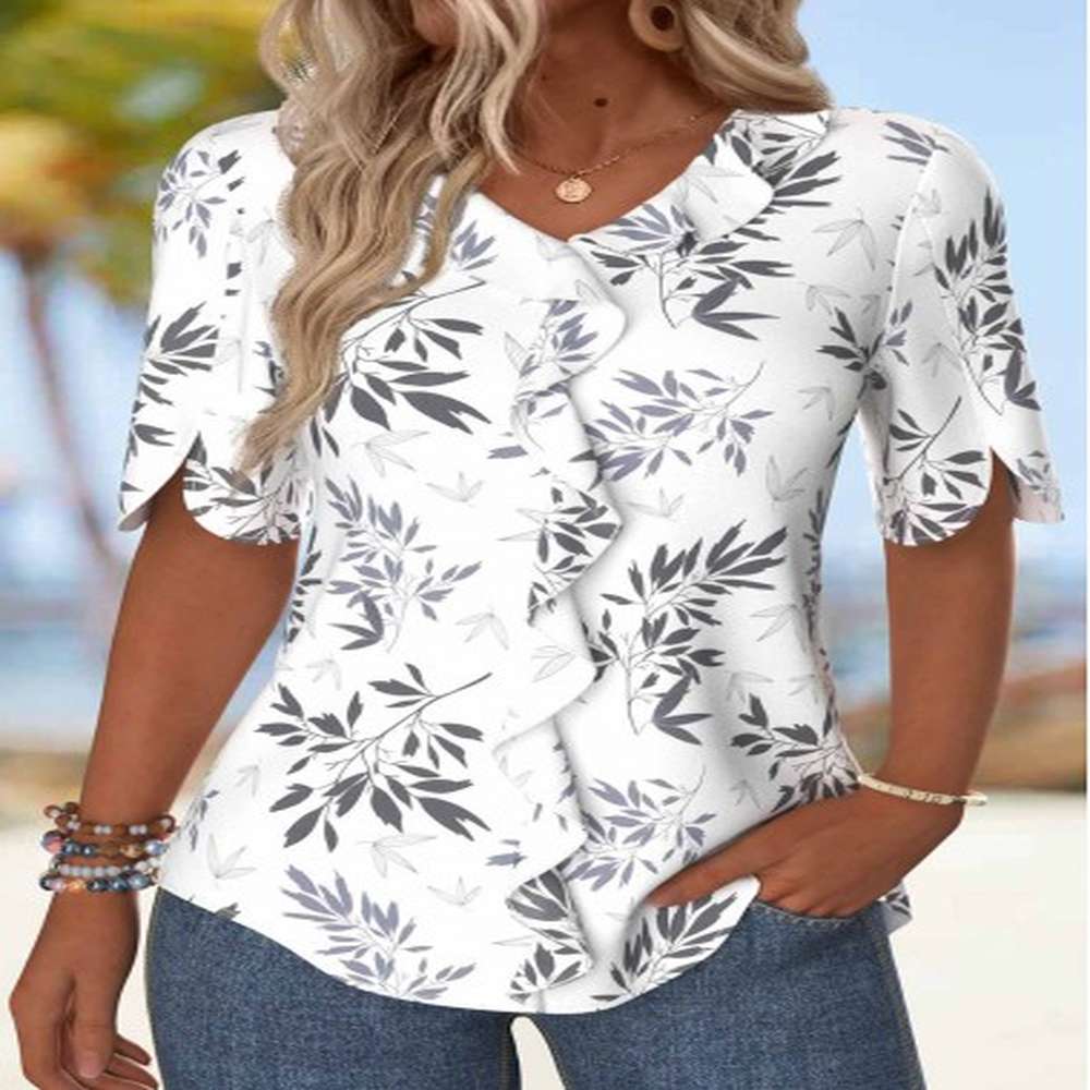 modlily white ruffle leaf print half sleeve v neck blouse