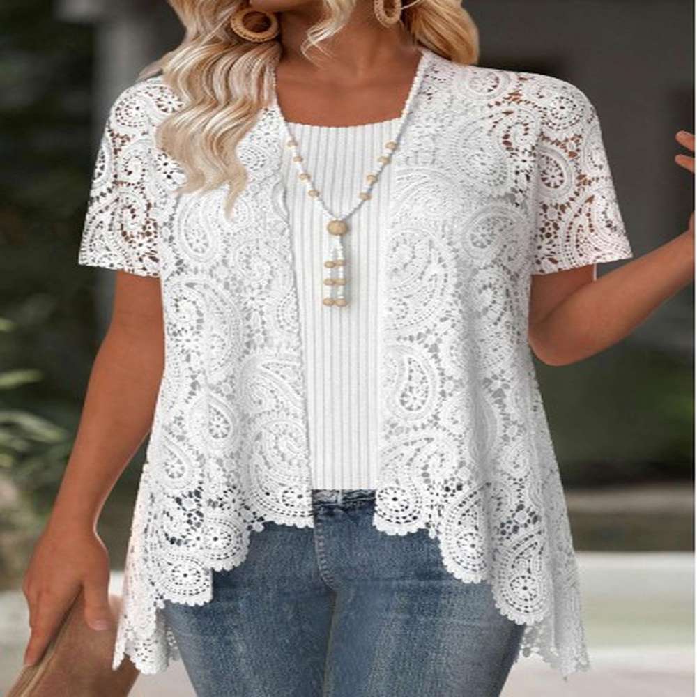 modlily white short sleeve embroidery light cardigan m