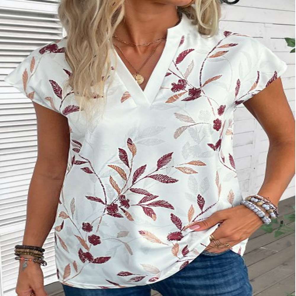 modlily white split leaf print short sleeve blouse xl