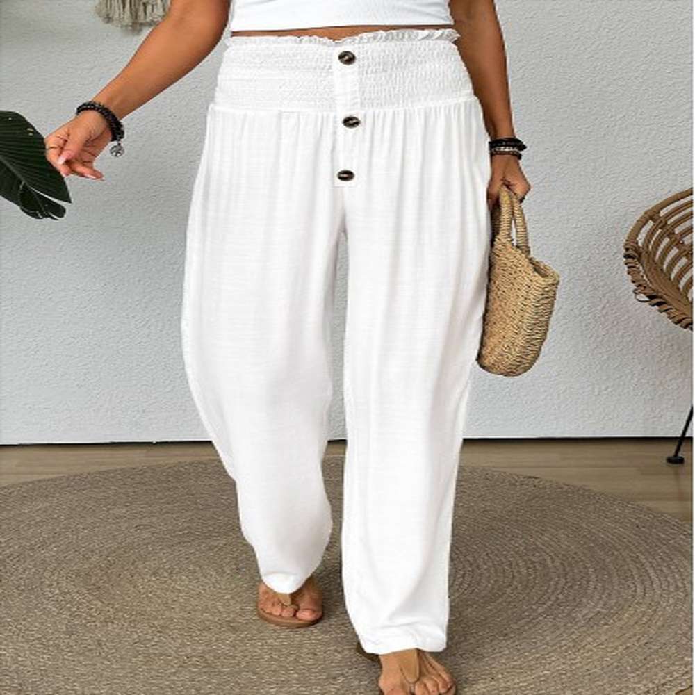 modlily white straight leg elastic waist high waisted pants