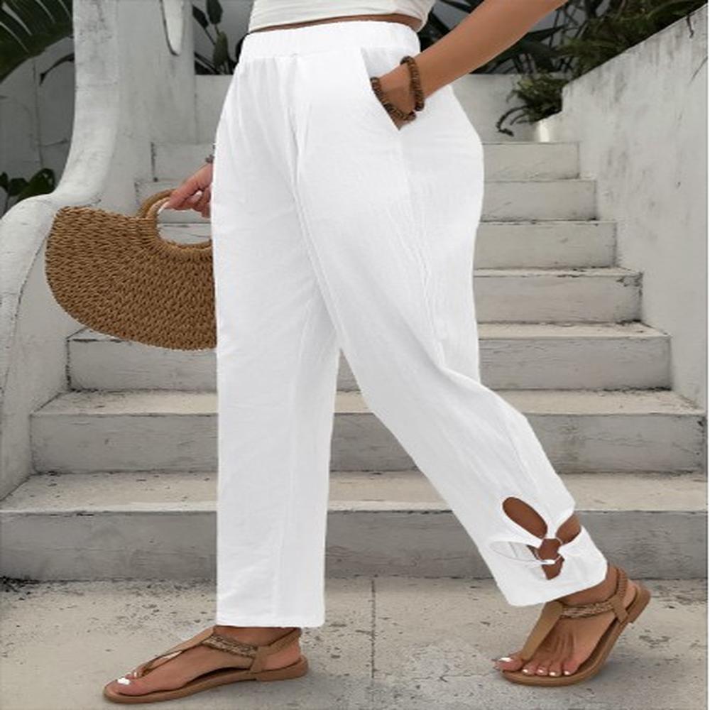 modlily white straight leg elastic waist mid waisted pants
