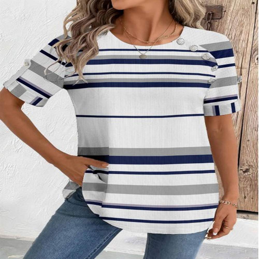 modlily white striped short sleeve round neck blouse xl