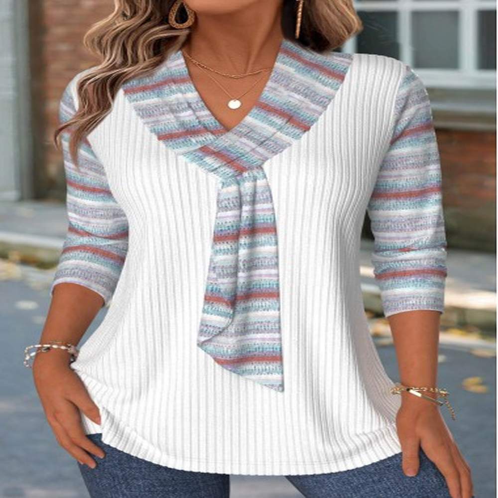 modlily white striped sleeve v neck t shirt