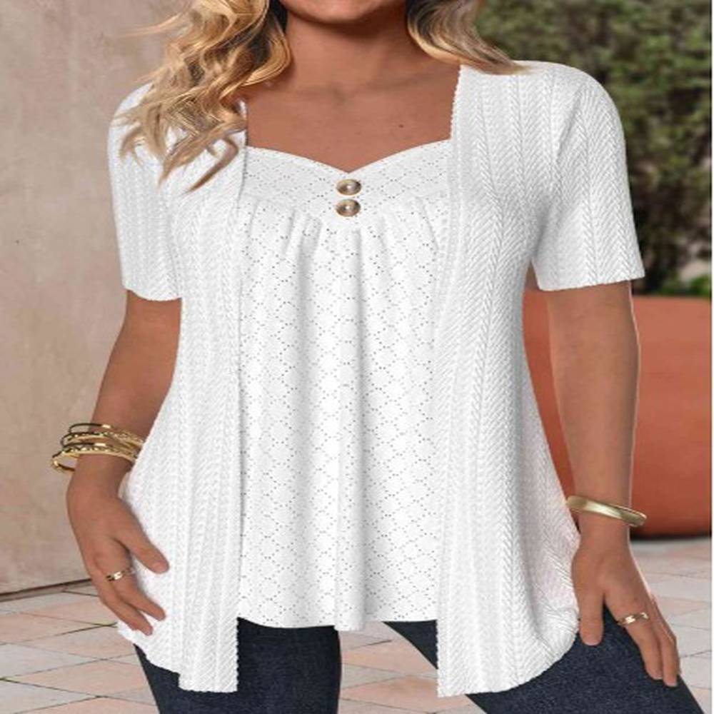 modlily white textured fabric short sleeve fake two piece twinset