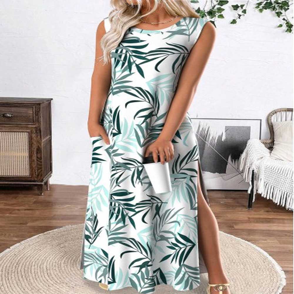 modlily white tropical plants print maxi a line dress