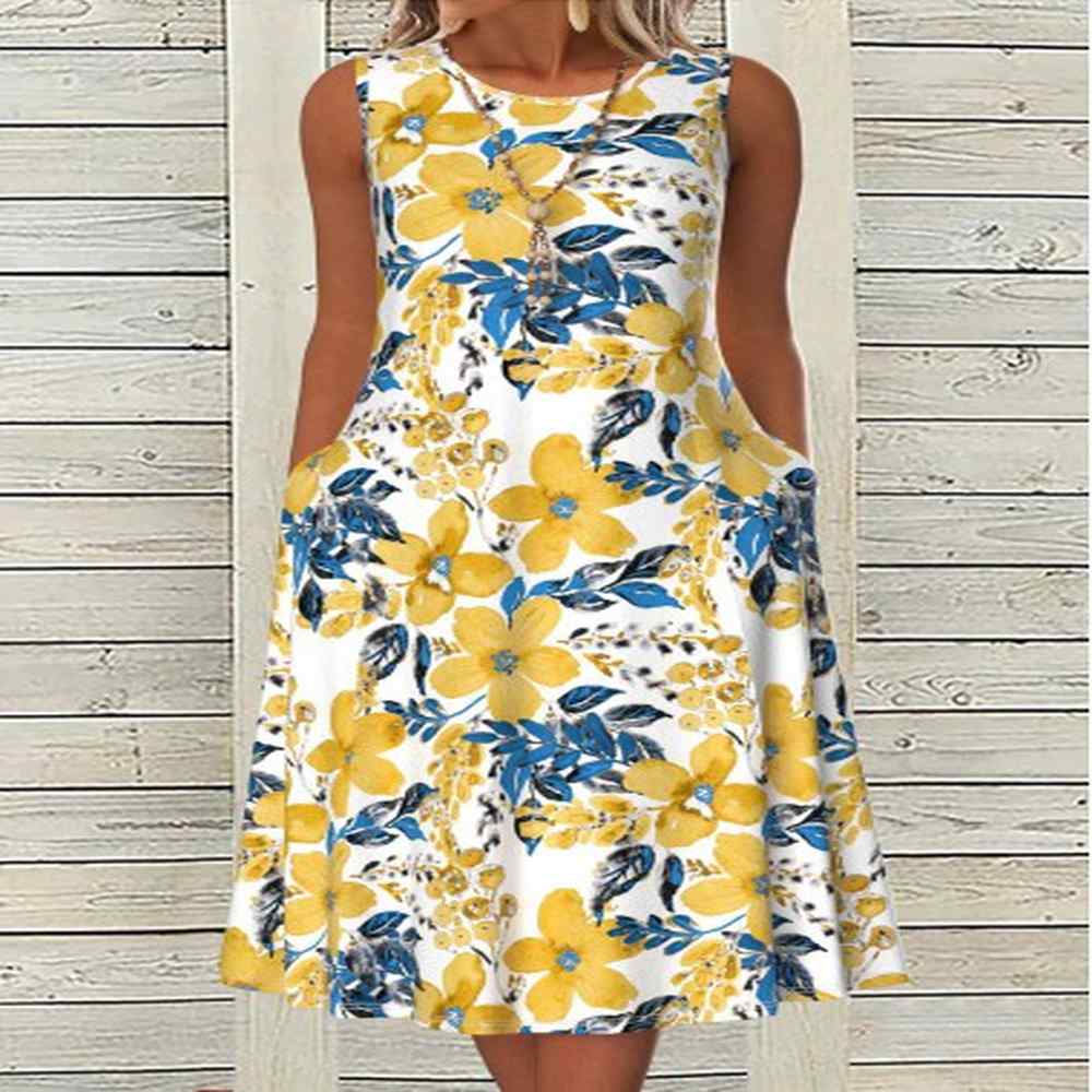 modlily white tummy control floral print sleeveless round neck dress