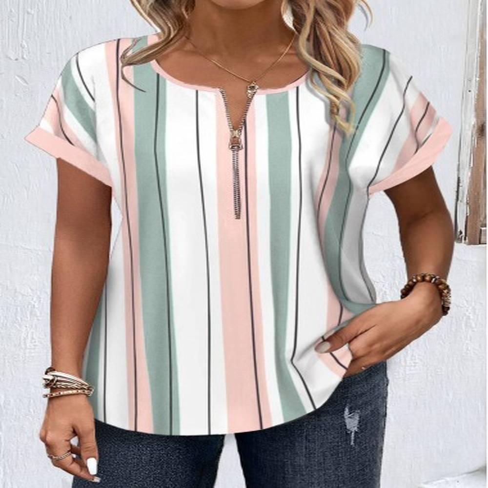modlily white zipper striped short sleeve round neck blouse