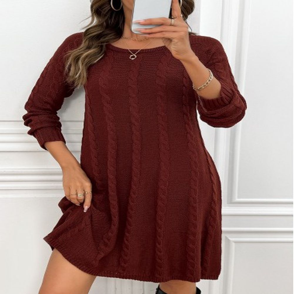 modlily wine red a line long sleeve round neck dress