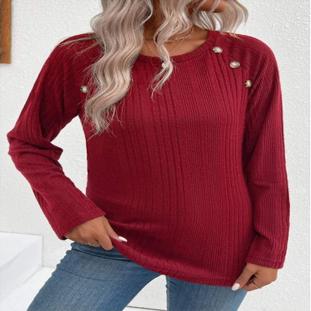 modlily wine red button long sleeve round neck t shirt