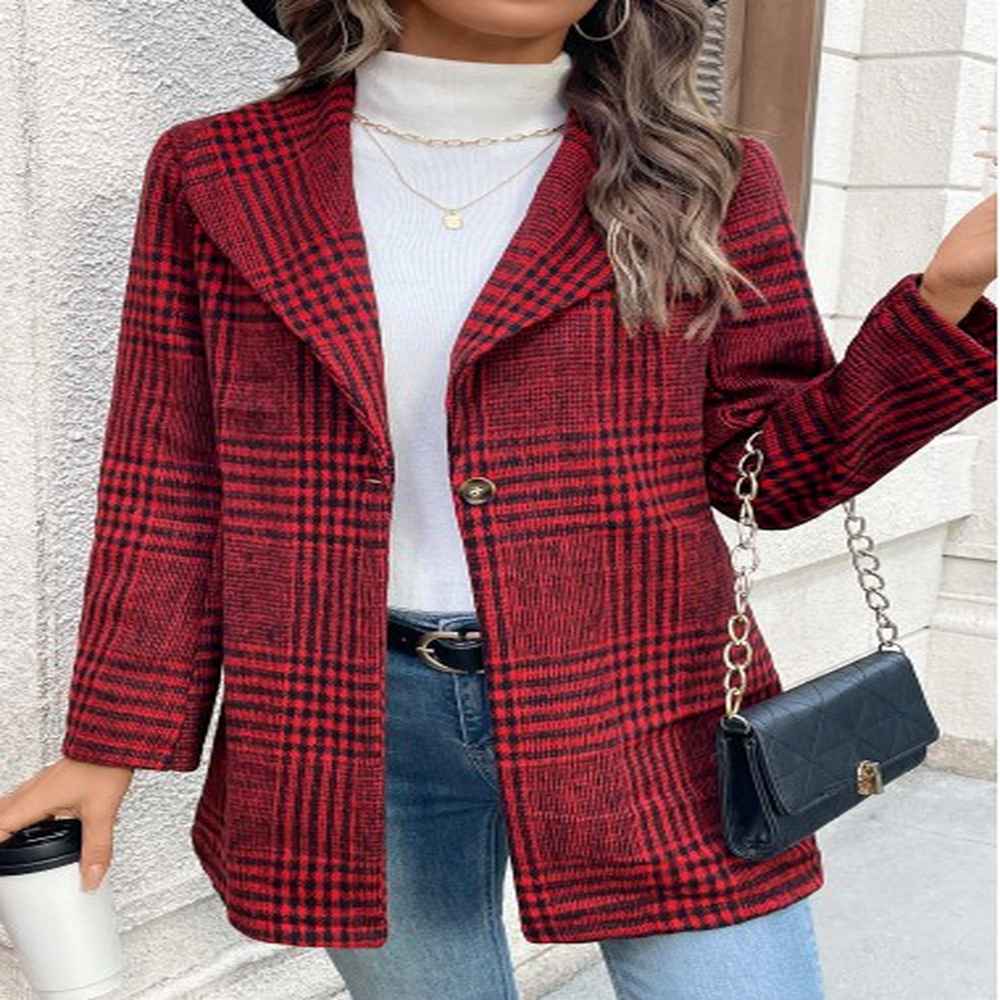 modlily wine red button plaid long sleeve lapel coat