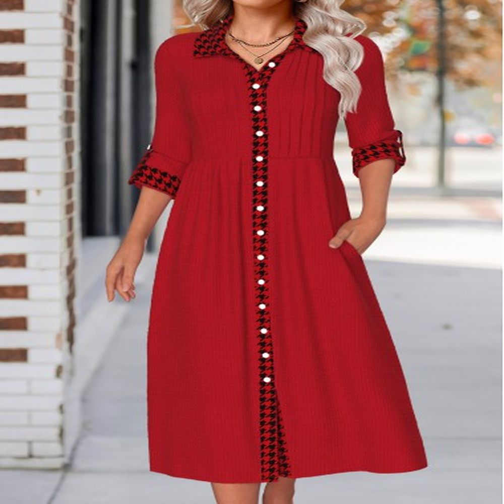 modlily wine red button plaid long sleeve shirt collar dress