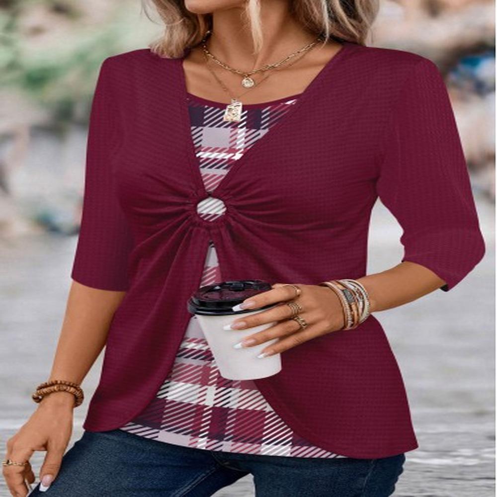 modlily wine red circular ring plaid t shirt m