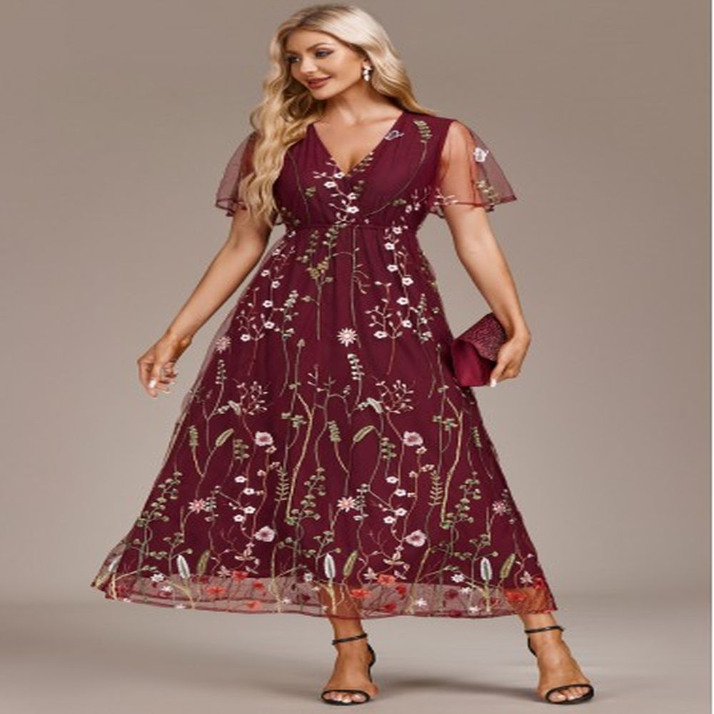 modlily wine red embroidery short sleeve v neck dress