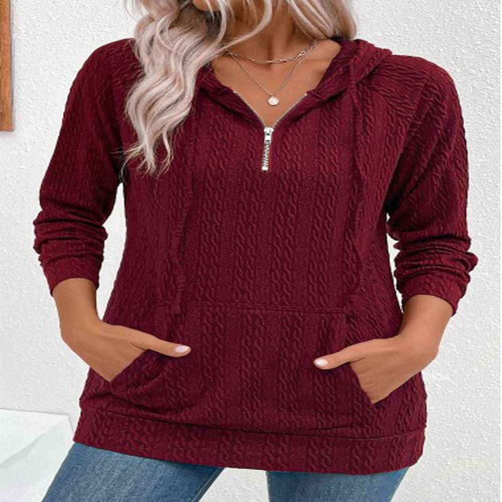 modlily wine red jacquard drawstring long sleeve hoodie l