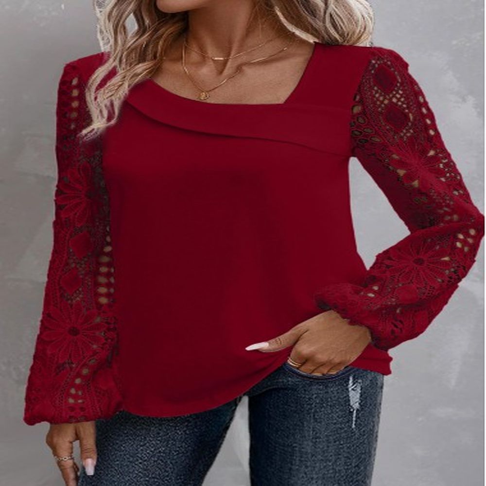 modlily wine red lace plus size long sleeve blouse