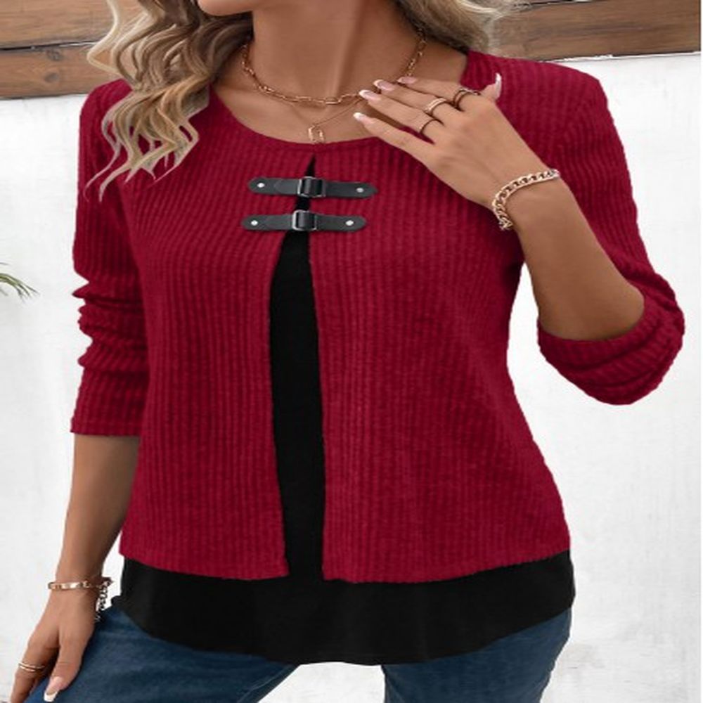 modlily wine red long sleeve fake two piece twinset