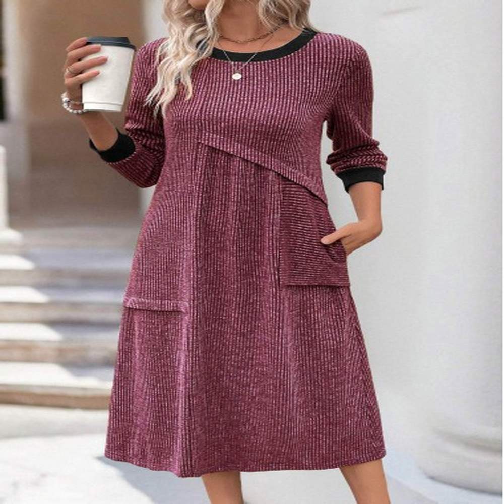 modlily wine red patchwork a line long sleeve dress