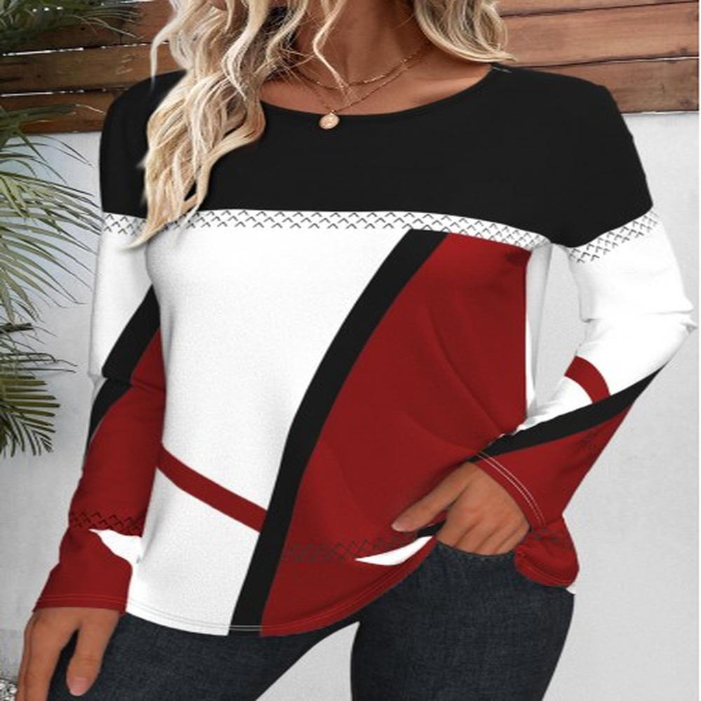 modlily wine red patchwork geometric print long sleeve t shirt