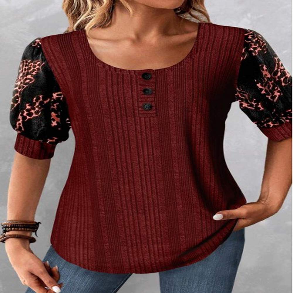 modlily wine red patchwork leopard half sleeve blouse m
