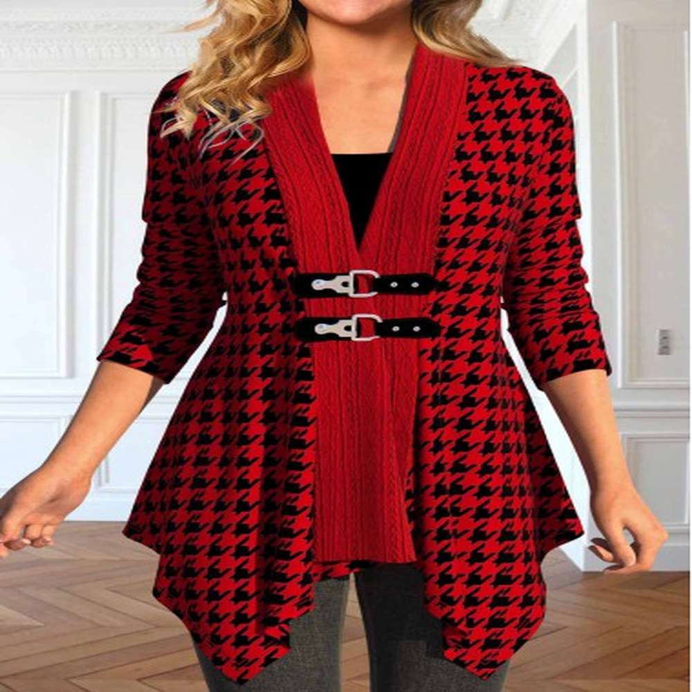 modlily wine red patchwork plaid long sleeve coat xxl