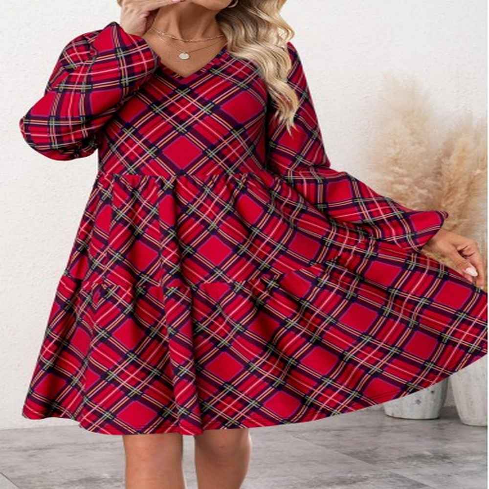 modlily wine red patchwork plaid long sleeve v neck dress