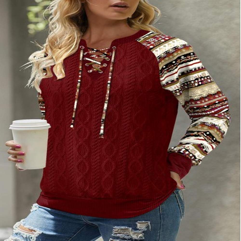 modlily wine red patchwork tribal print long sleeve split neck