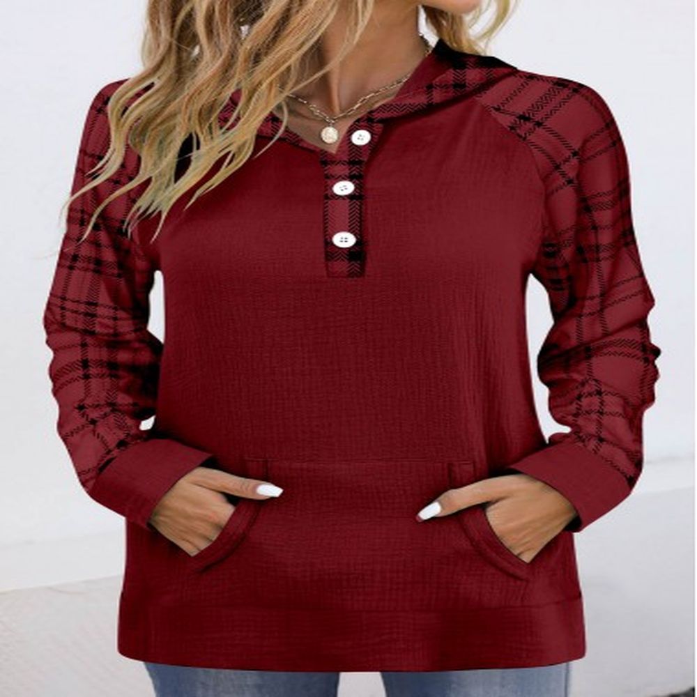 modlily wine red pocket plaid long sleeve hoodie l