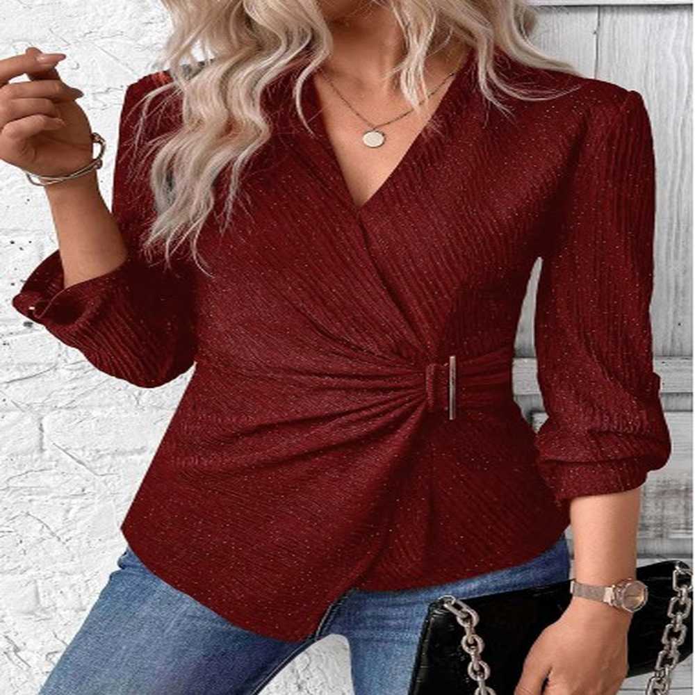 modlily wine red surplice long sleeve v neck shirt