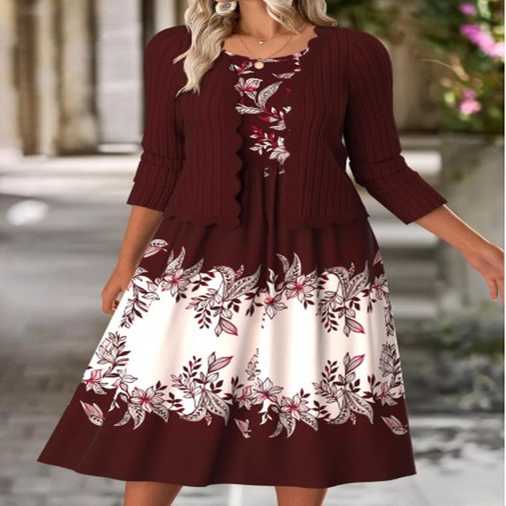 modlily wine red tummy coverage floral print dress and cardigan