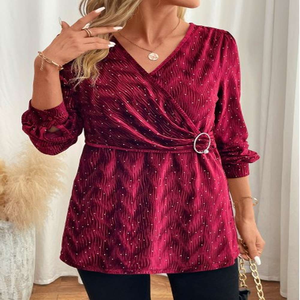 modlily wine red velvet long sleeve v neck blouse