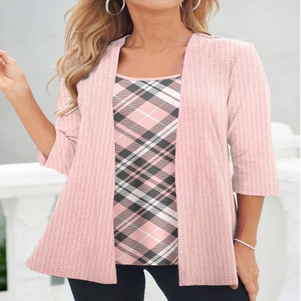 modlily women pink casual tops fake in plaid pink mid