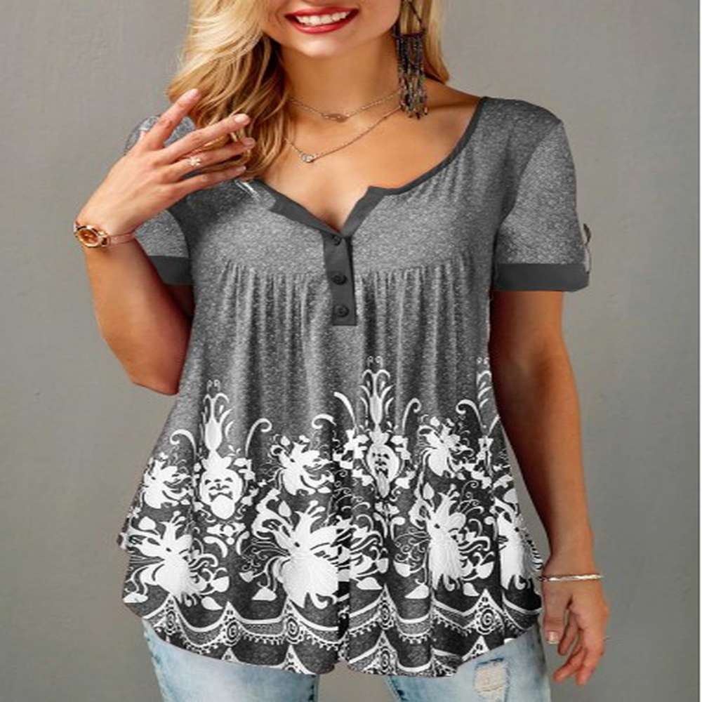 modlily womens grey summer shirt button detail printed short sleeve