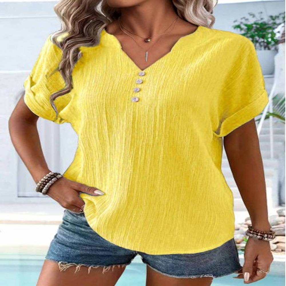 modlily yellow button short sleeve split neck t shirt
