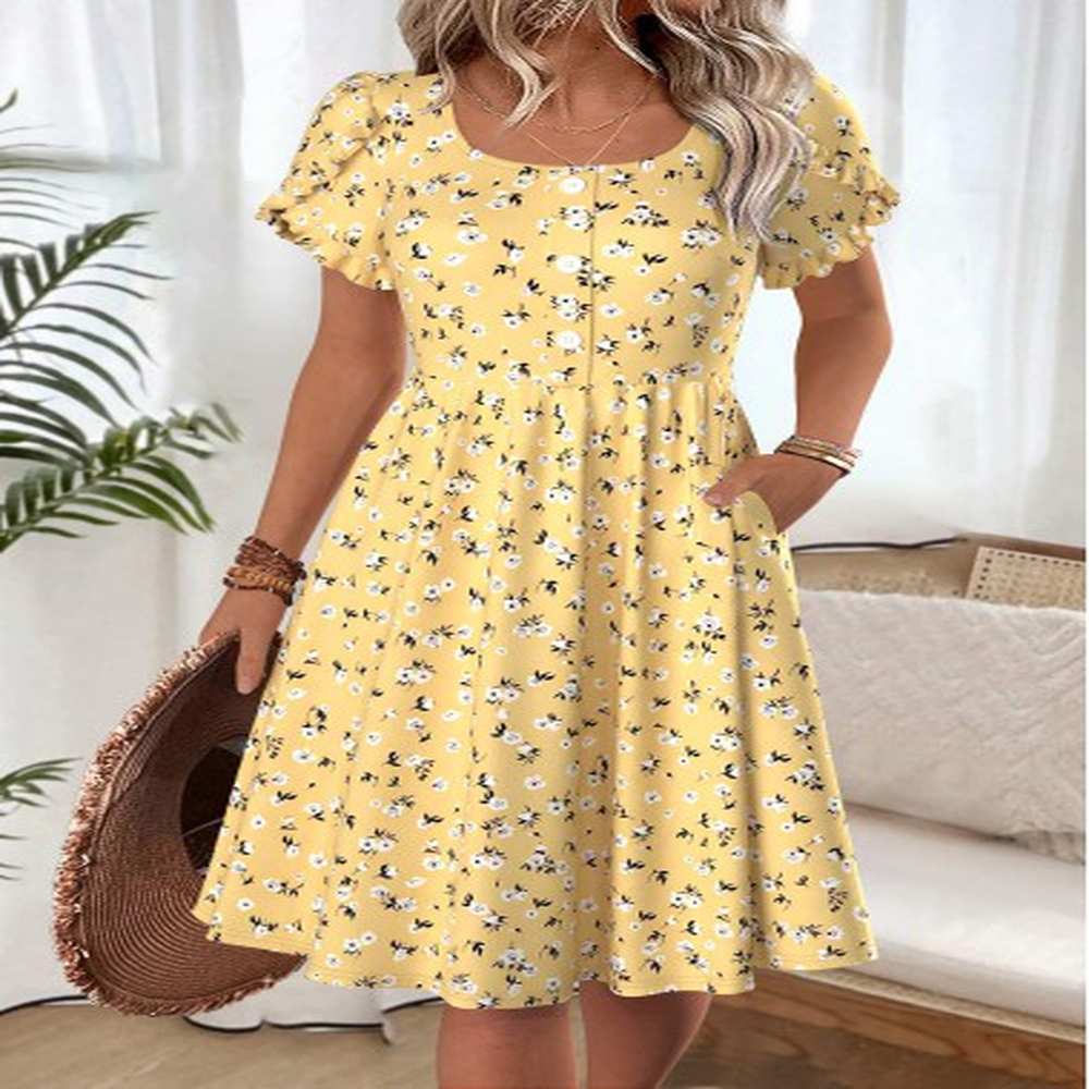 modlily yellow ditsy floral print short sleeve boat neck dress