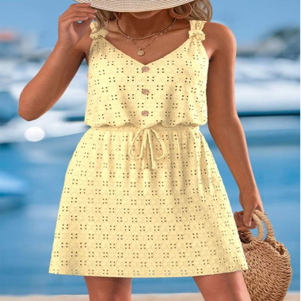 modlily yellow jacquard short strappy v neck dress xxl