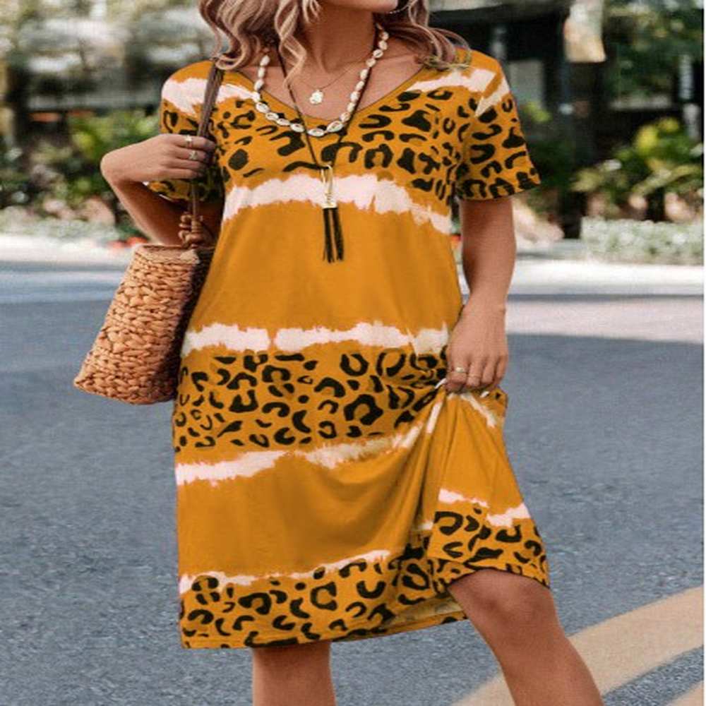 modlily yellow leopard h shape short sleeve dress s