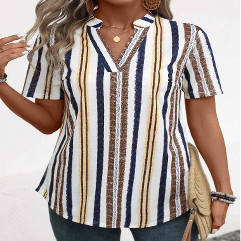 modlily yellow lightweight striped short sleeve split neck blouse
