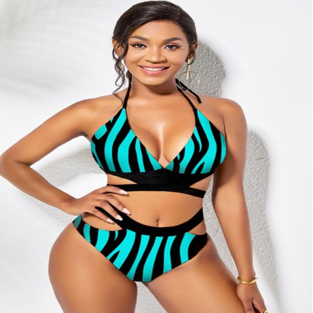 modlily zebra print halter high waist bikini set xl